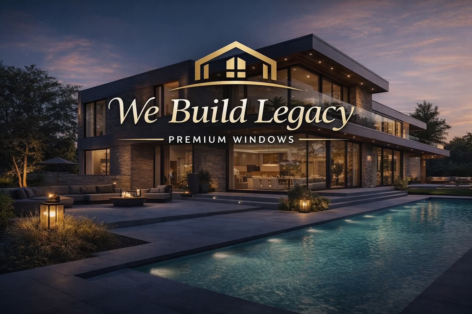 Casă modernă la amurg cu ferestre și uși PVC cu ramă întunecată — We Build Legacy